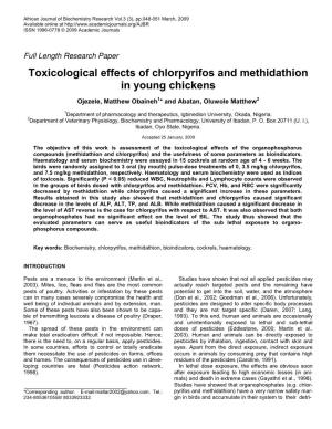 Toxicological Effects of Chlorpyrifos and Methidathion in Young Chickens