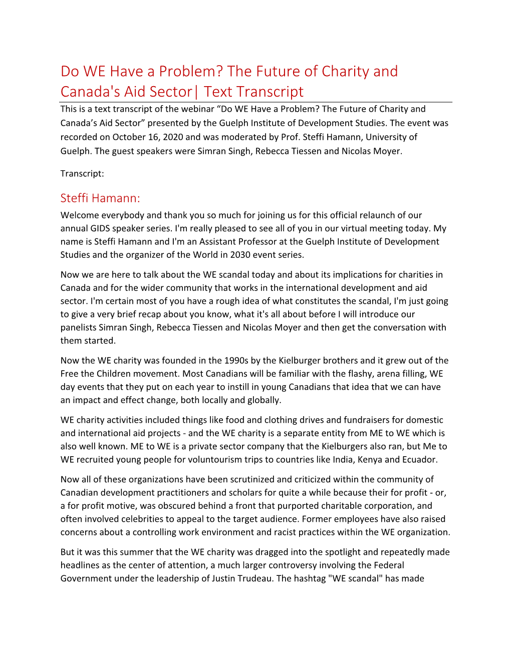 Do WE Have a Problem? the Future of Charity and Canada's Aid Sector| Text Transcript