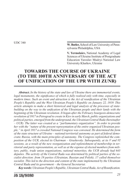 Towards the Course of Ukraine (To the 100Th Anniversary of the Act of Unification of the Upr with Zunr)