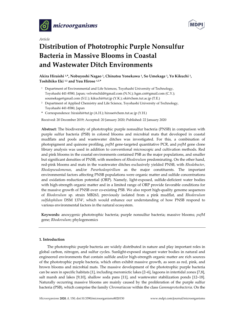 Distribution of Phototrophic Purple Nonsulfur Bacteria in Massive Blooms in Coastal and Wastewater Ditch Environments