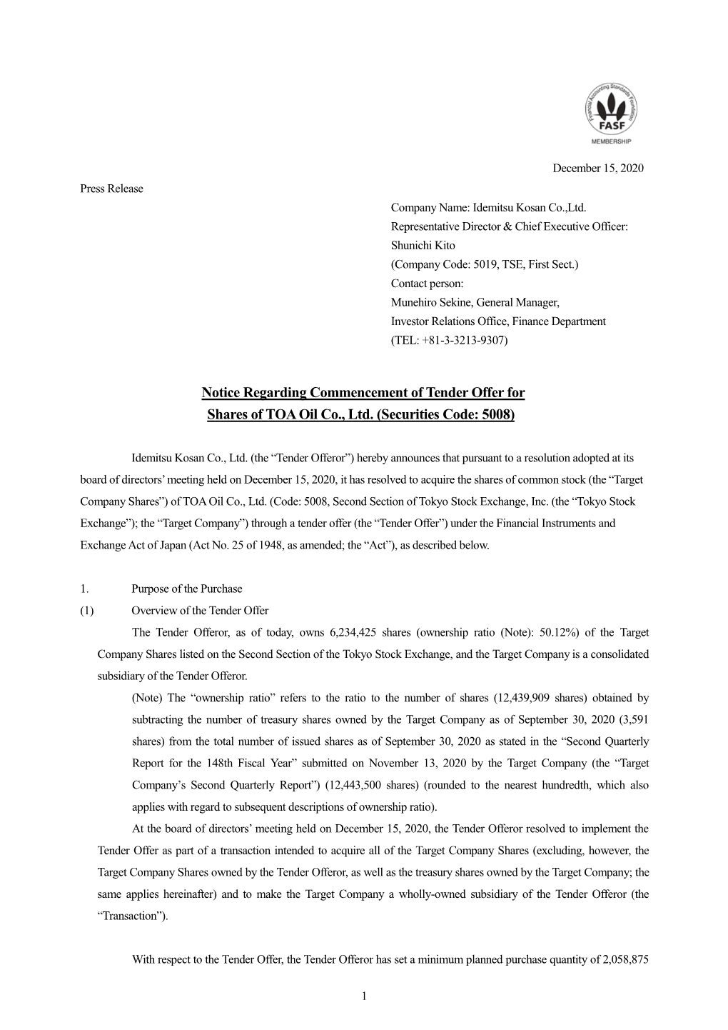 Notice Regarding Commencement of Tender Offer for Shares of TOA Oil Co., Ltd