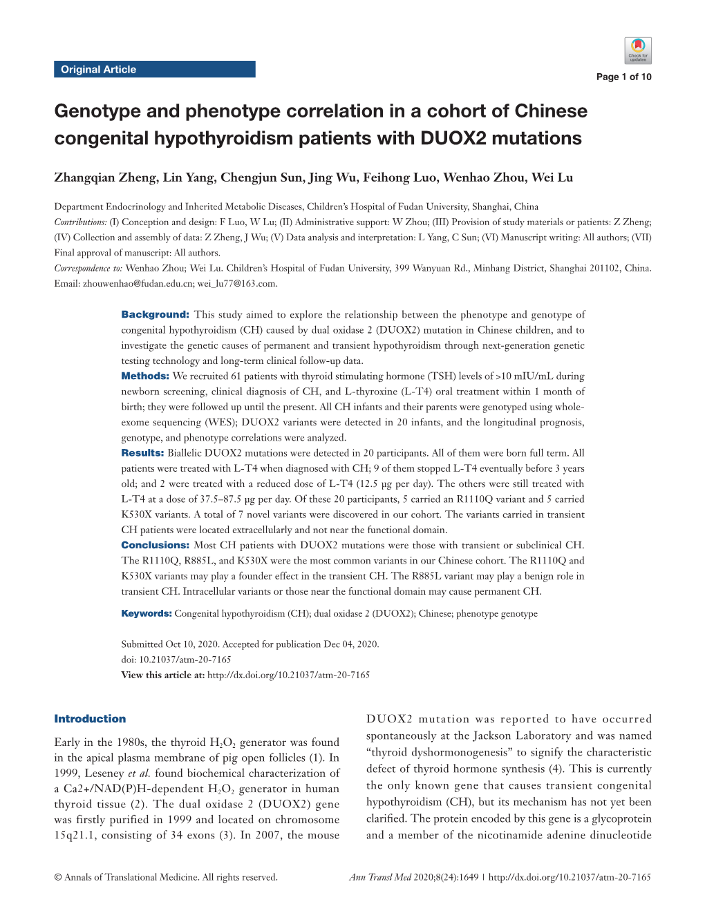 Genotype and Phenotype Correlation in a Cohort of Chinese Congenital Hypothyroidism Patients with DUOX2 Mutations