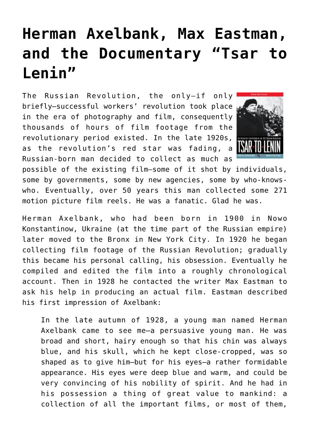 Herman Axelbank, Max Eastman, and the Documentary “Tsar to Lenin”