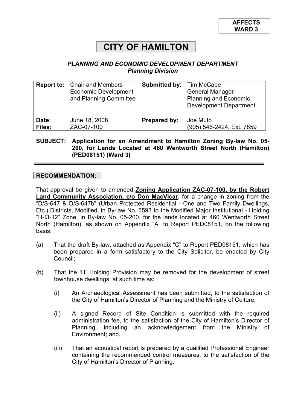 Application for an Amendment to Hamilton Zoning By-Law No. 05-200