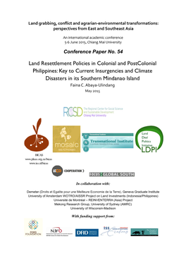 Land Resettlement Policies in Colonial and Postcolonial Philippines: Key to Current Insurgencies and Climate Disasters in Its Southern Mindanao Island Faina C