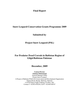 For Predator Proof Corrals in Baltistan Region of Gilgit/Baltistan Pakistan