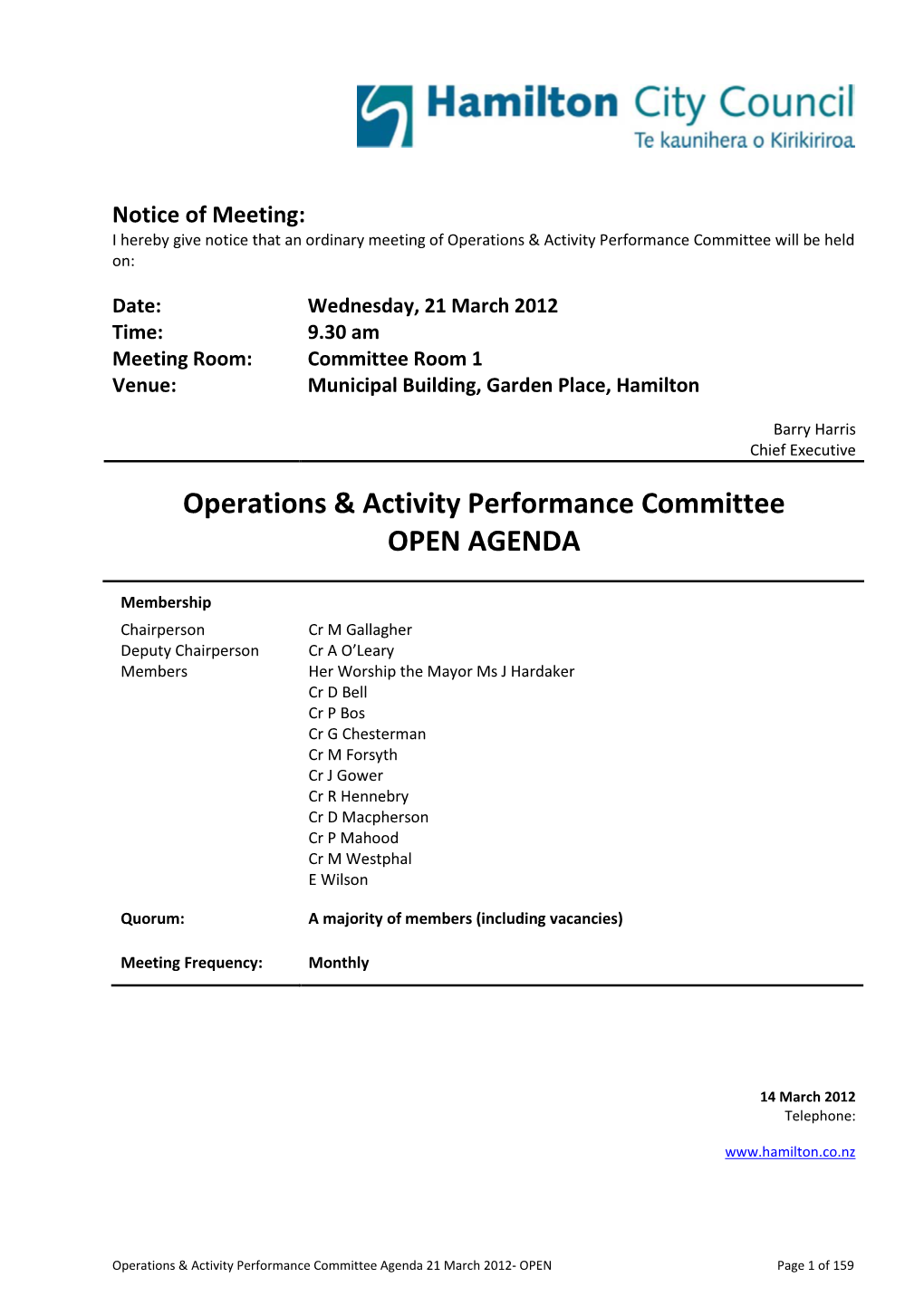 Agenda of Operations & Activity Performance Committee