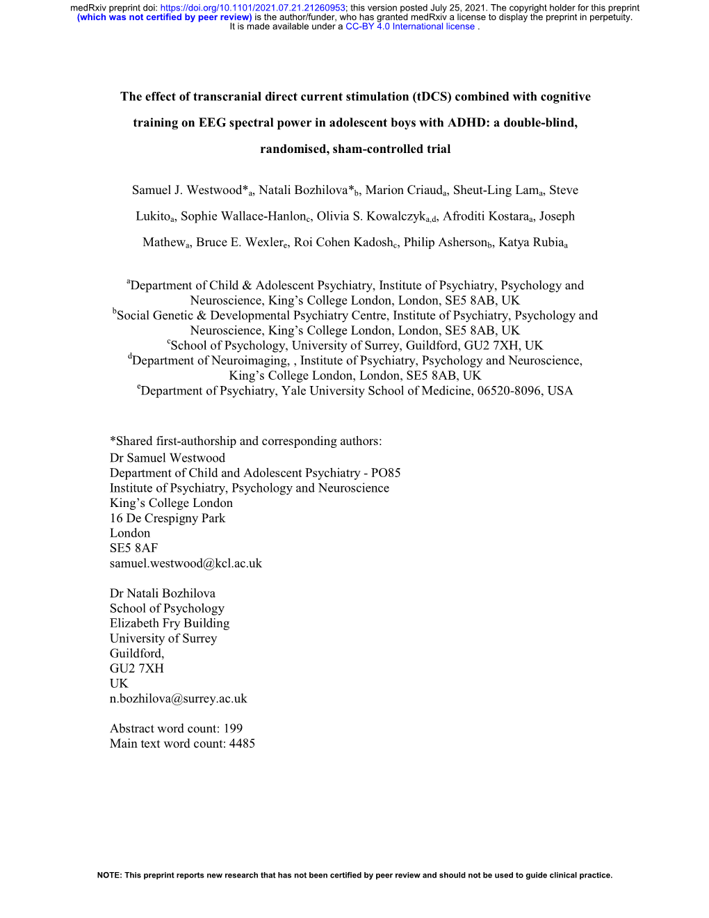 Tdcs) Combined with Cognitive Training on EEG Spectral Power in Adolescent Boys with ADHD: a Double-Blind