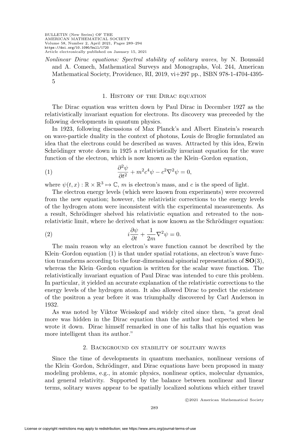 Nonlinear Dirac Equations: Spectral Stability of Solitary Waves, by N