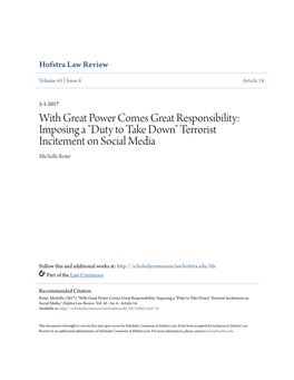 With Great Power Comes Great Responsibility: Imposing a "Duty to Take Down" Terrorist Incitement on Social Media Michelle Roter