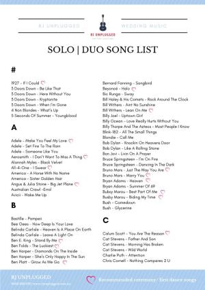 Song List RJ Unplugged