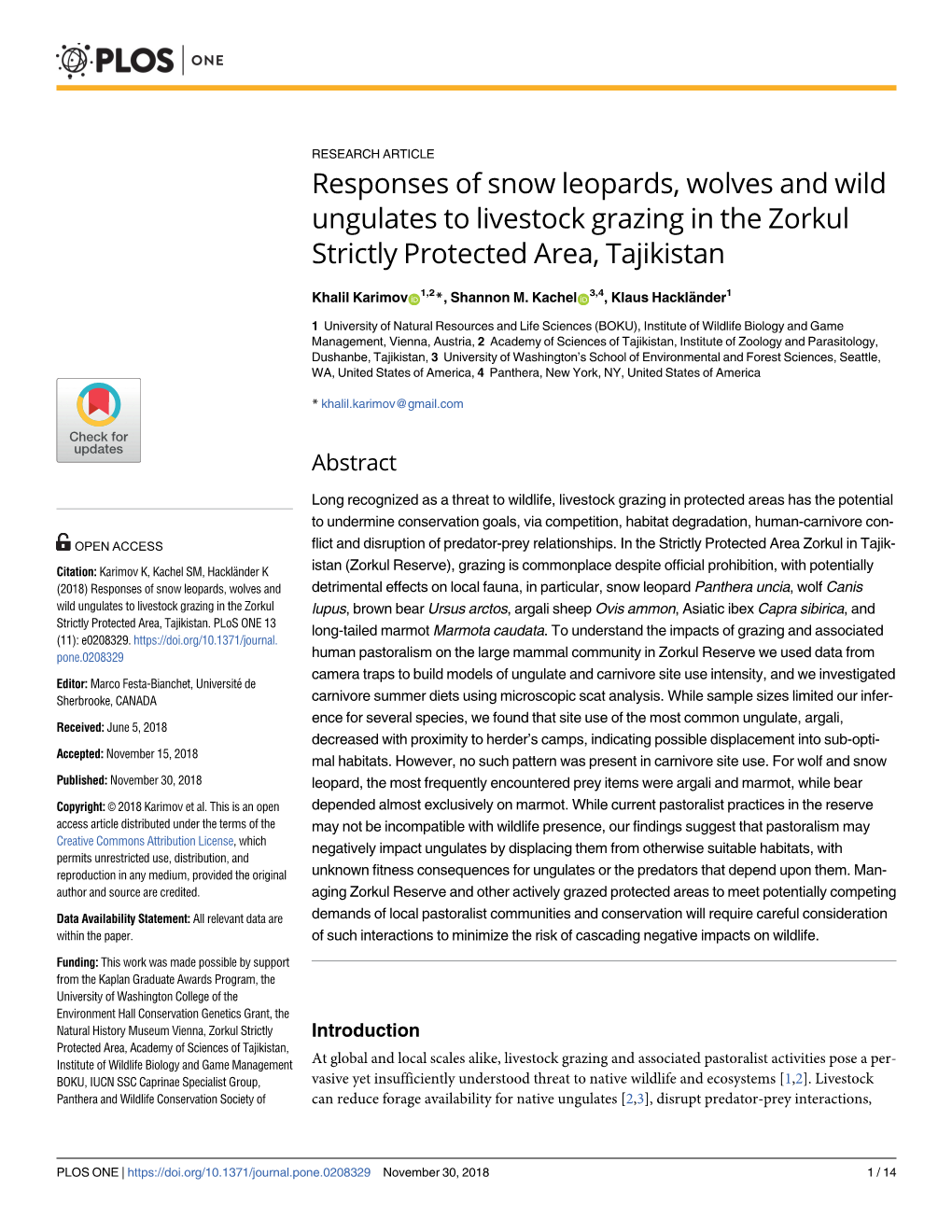 Responses of Snow Leopards, Wolves and Wild Ungulates to Livestock Grazing in the Zorkul Strictly Protected Area, Tajikistan