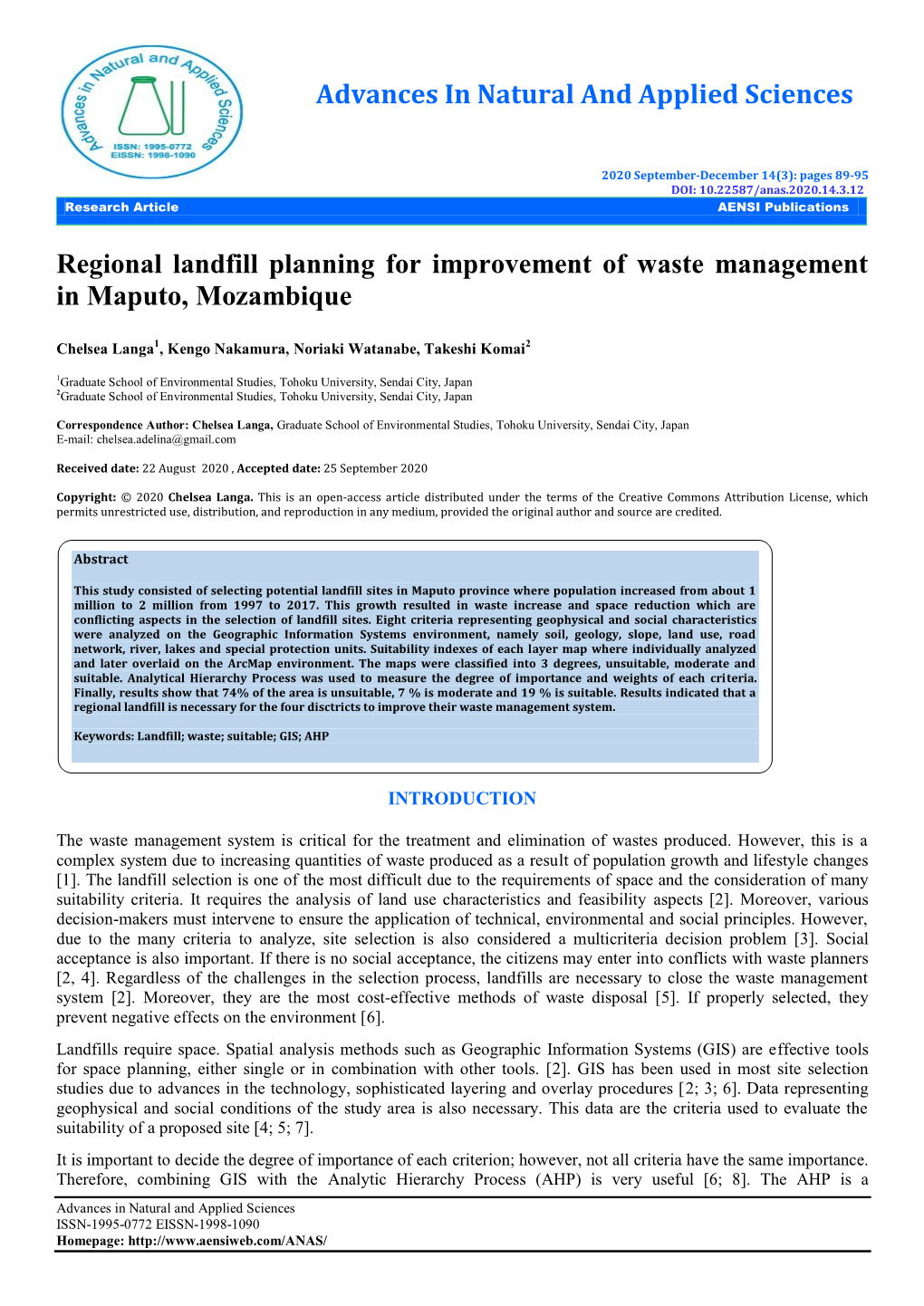 Advances in Natural and Applied Sciences Regional Landfill Planning