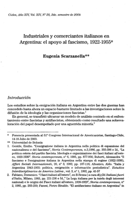 Industriales Y Comerciantes Italianos En Argentina: El Apoyo Al Fascismo, 1922-1955*