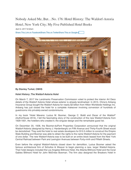 Nobody Asked Me, But…No. 176: Hotel History: the Waldorf-Astoria Hotel, New York City; My Five Published Hotel Books April 3, 2017 6:52Am