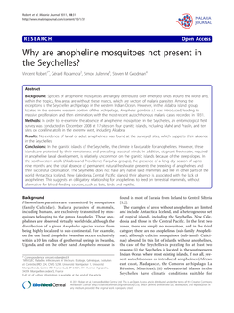 Why Are Anopheline Mosquitoes Not Present in the Seychelles? Vincent Robert1*, Gérard Rocamora2, Simon Julienne3, Steven M Goodman4