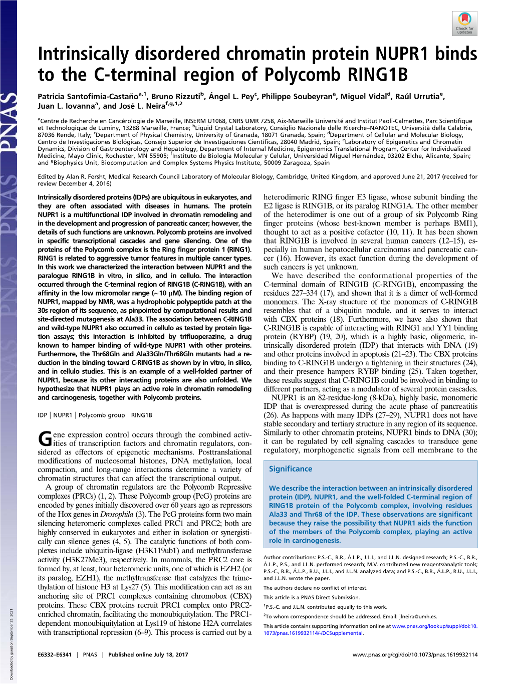 Intrinsically Disordered Chromatin Protein NUPR1 Binds to the C-Terminal Region of Polycomb RING1B