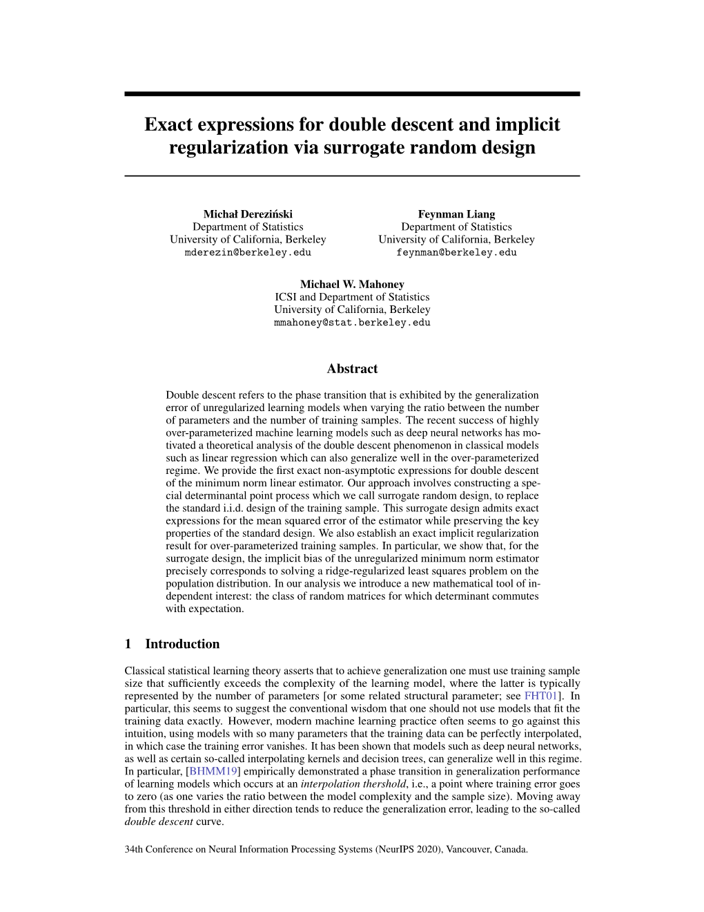 Exact Expressions for Double Descent and Implicit Regularization Via Surrogate Random Design