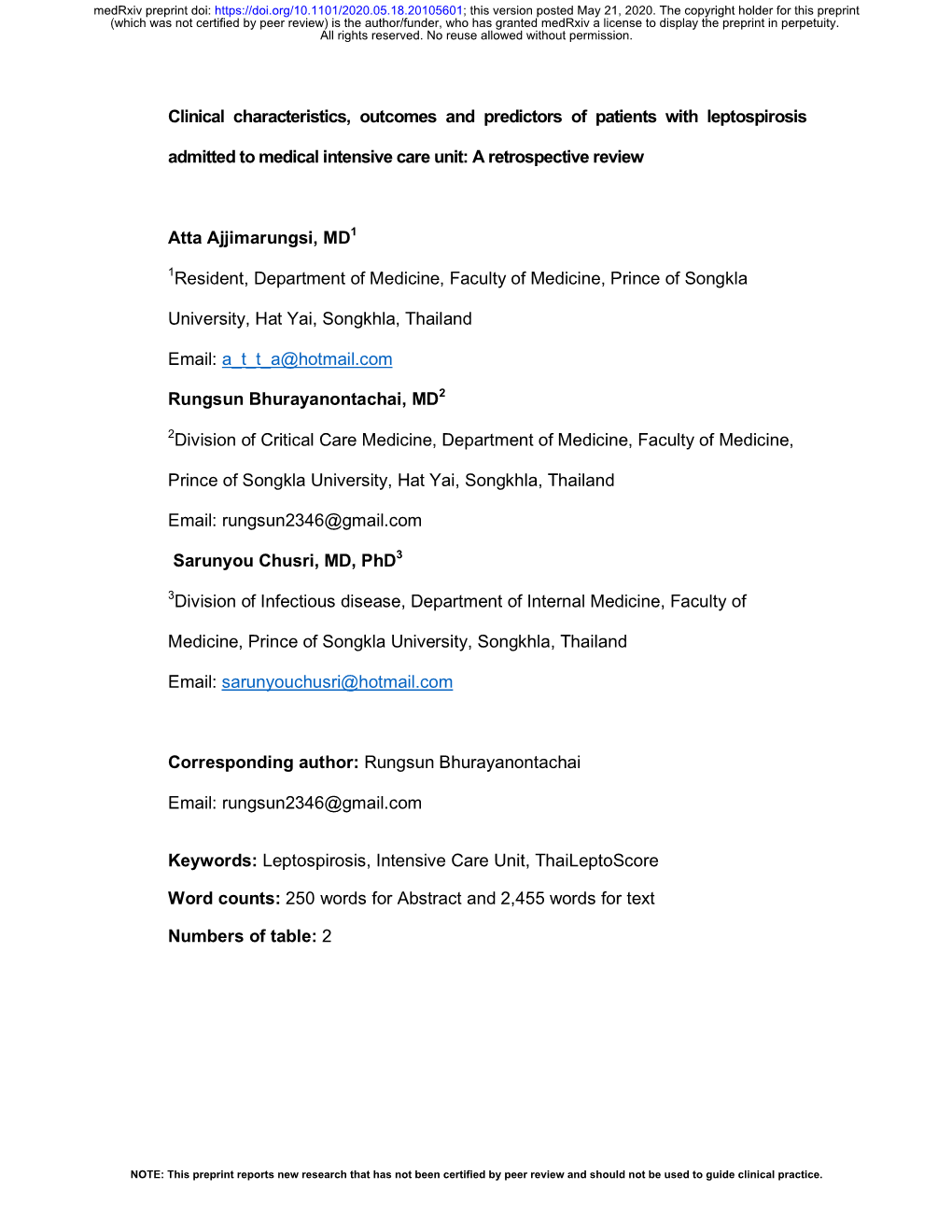 Clinical Characteristics, Outcomes and Predictors of Patients with Leptospirosis Admitted to Medical Intensive Care Unit