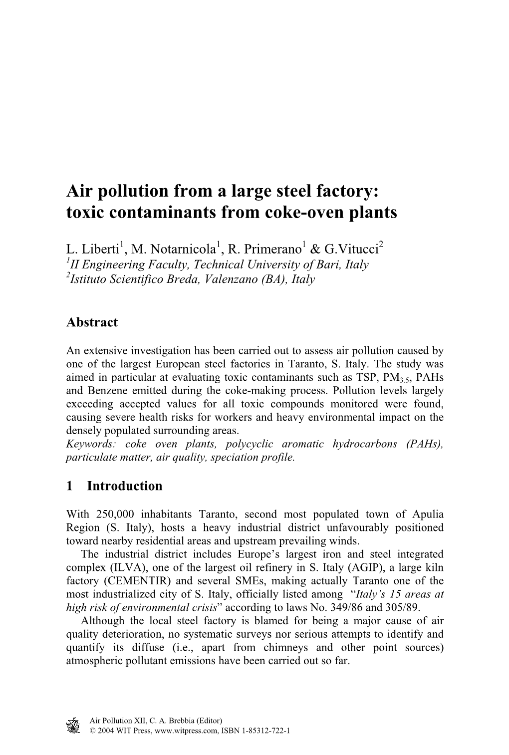 Air Pollution from a Large Steel Factory: Toxic Contaminants from Coke-Oven Plants