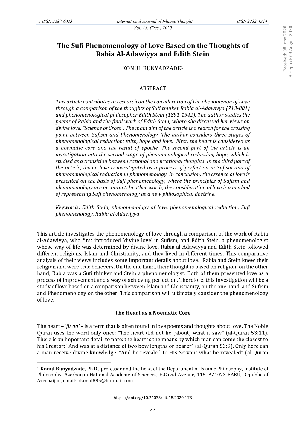 The Sufi Phenomenology of Love Based on the Thoughts of Rabia Al-Adawiyya and Edith Stein