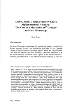 Arabic, Rilm" Coptic, Or Merely Greek Alphanumerical Notation? the Case Oc a Mozarabic Lo'h Century Andalusl Manuscript