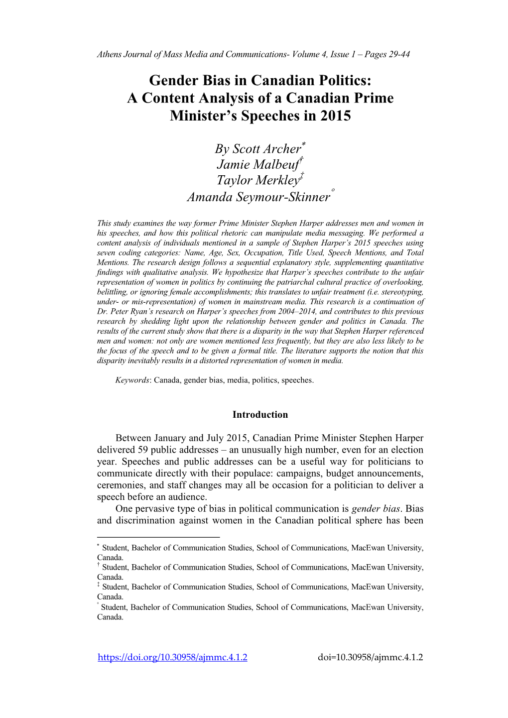 A Content Analysis of a Canadian Prime Minister's Speeches in 2015