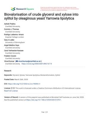 Biovalorisation of Crude Glycerol and Xylose Into Xylitol by Oleaginous Yeast Yarrowia Lipolytica