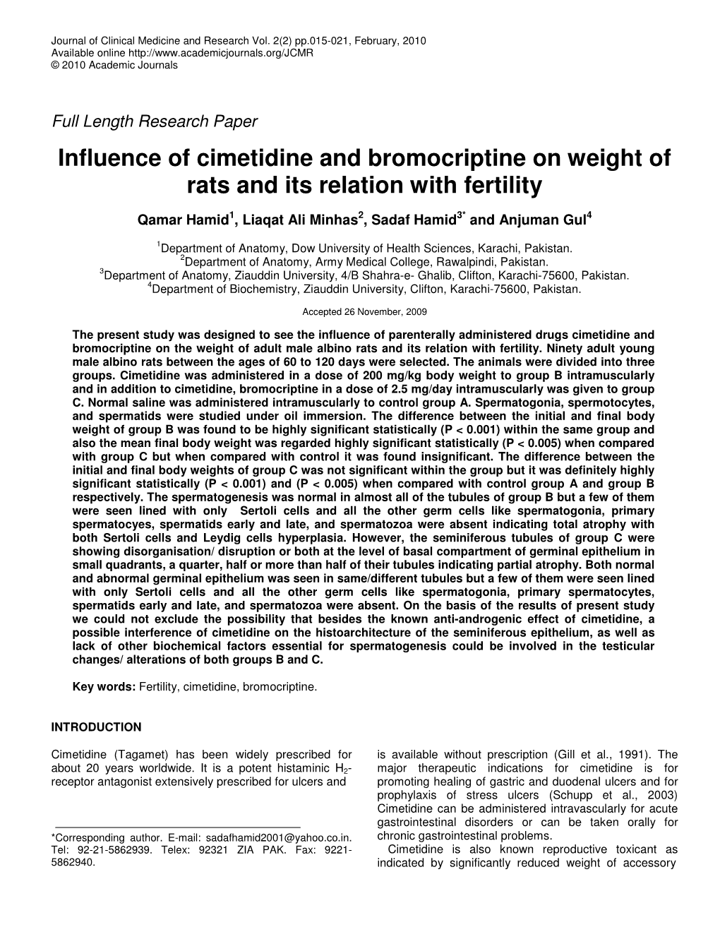 Influence of Cimetidine and Bromocriptine on Weight of Rats and Its Relation with Fertility