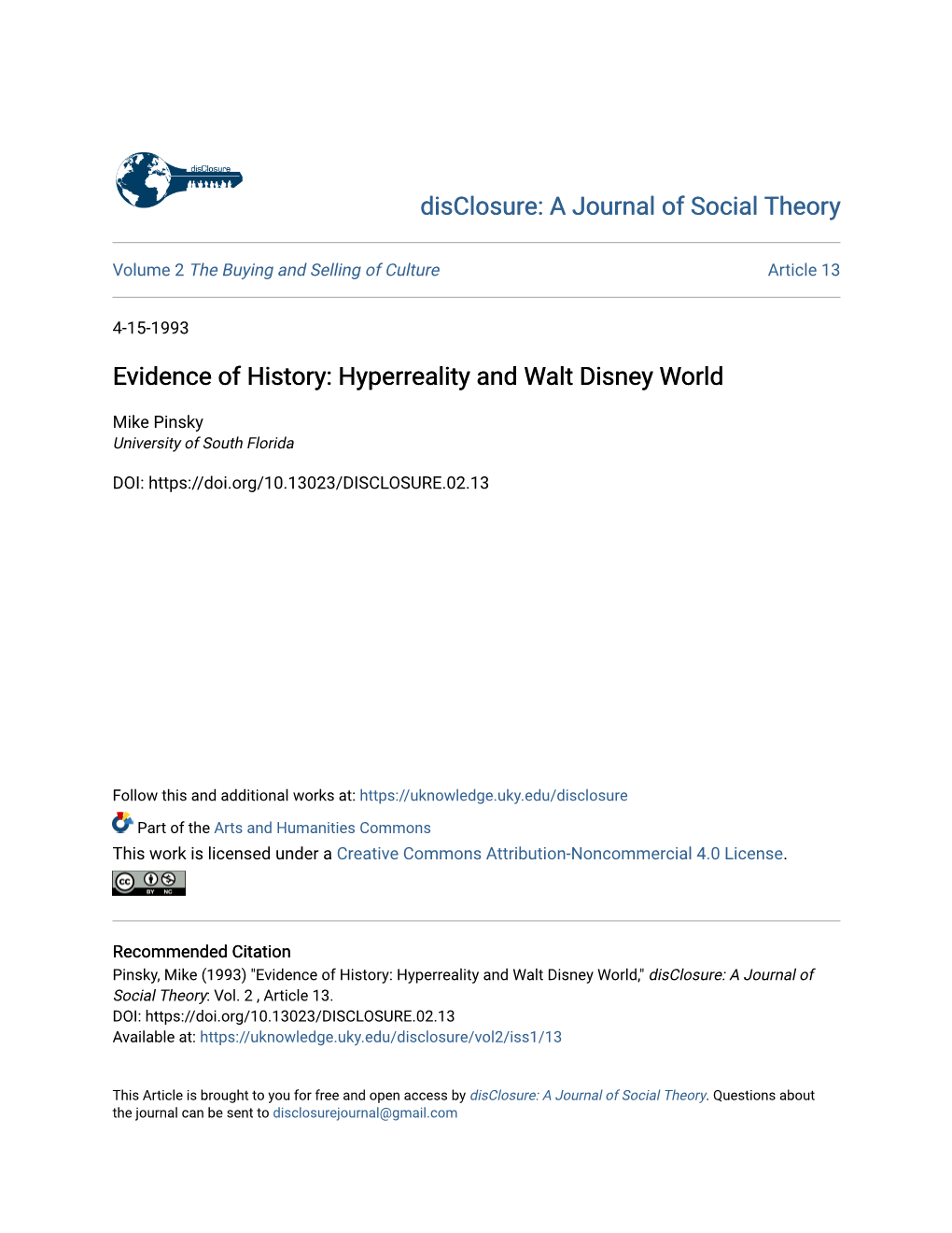 Evidence of History: Hyperreality and Walt Disney World