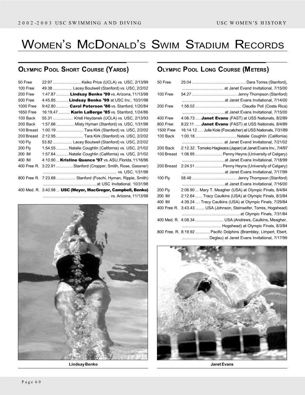 Women's Mcdonald's Swim Stadium Records