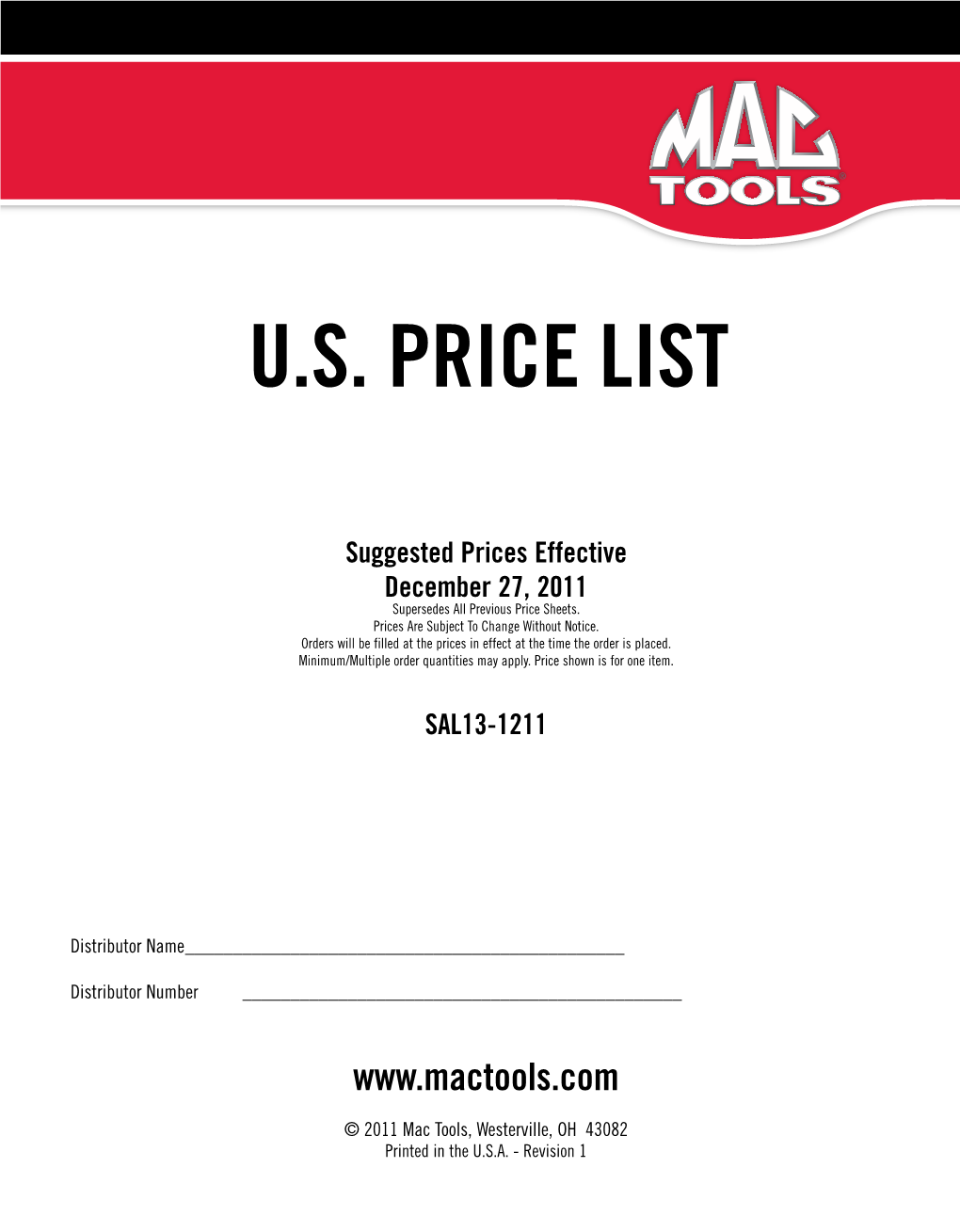 Attached Is a Copy of the New Mac Tools Price List