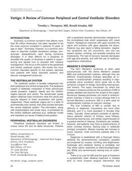 Vertigo: a Review of Common Peripheral and Central Vestibular Disorders