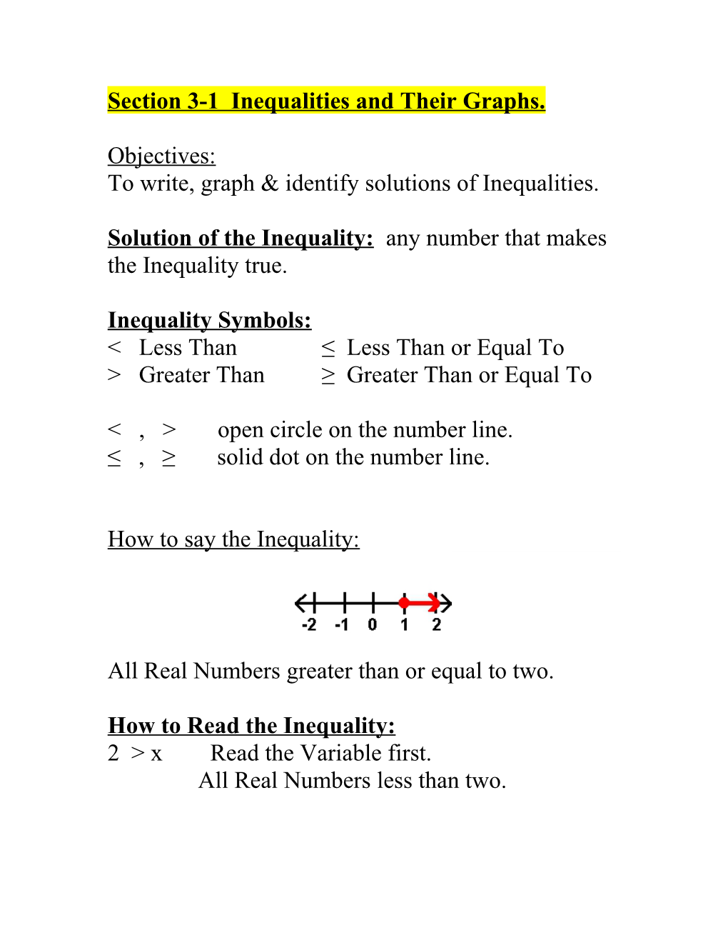 Section 3-1 Inequalities and Their Graphs