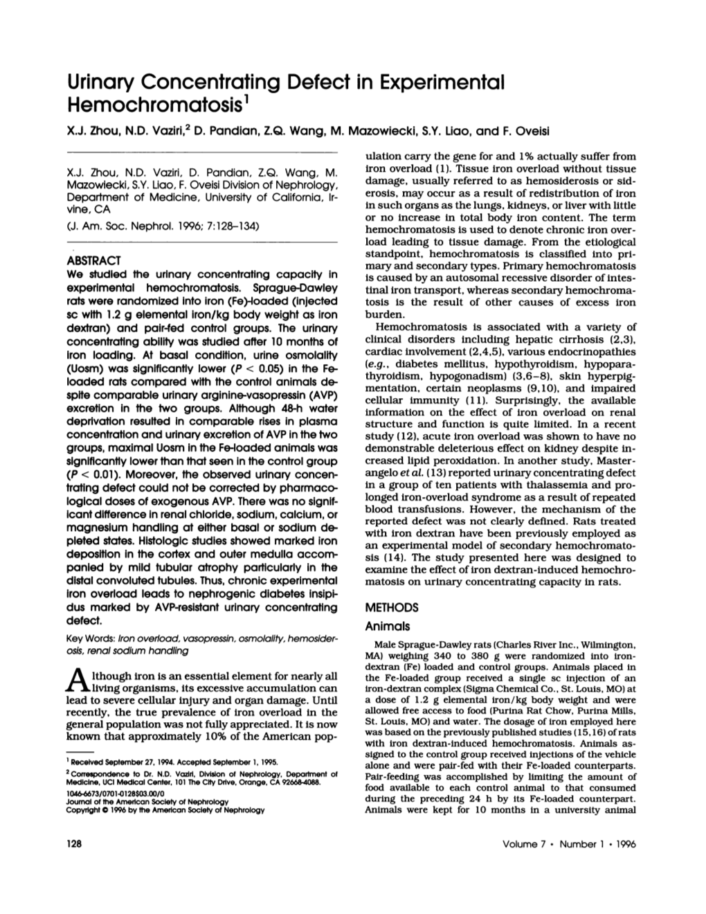 Urinary Concentrating Defect in Experimental Hemochromatosis1