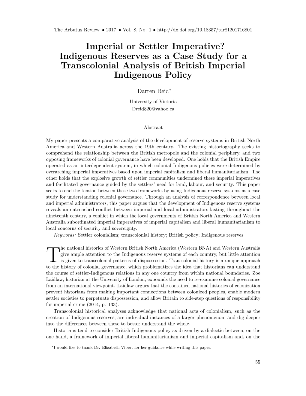 Imperial Or Settler Imperative? Indigenous Reserves As a Case Study for a Transcolonial Analysis of British Imperial Indigenous Policy