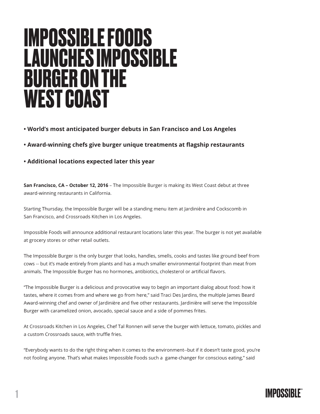 Impossible Foods Launches Impossible Burger on the West Coast