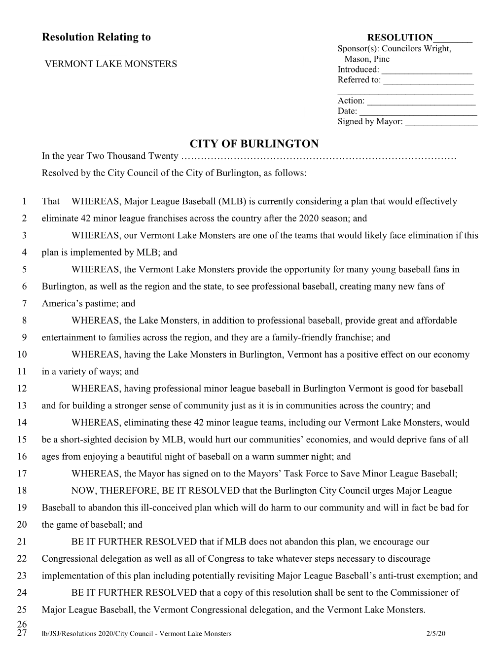 Resolution Relating to CITY of BURLINGTON