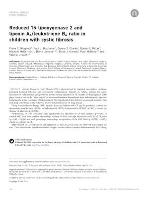 Reduced 15-Lipoxygenase 2 and Lipoxin A4/Leukotriene B4 Ratio in Children with Cystic Fibrosis