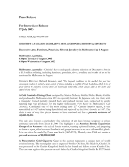 Press Release for Immediate Release 17 July 2003