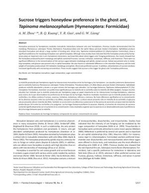 Sucrose Triggers Honeydew Preference in the Ghost Ant, Tapinoma Melanocephalum (Hymenoptera: Formicidae) A