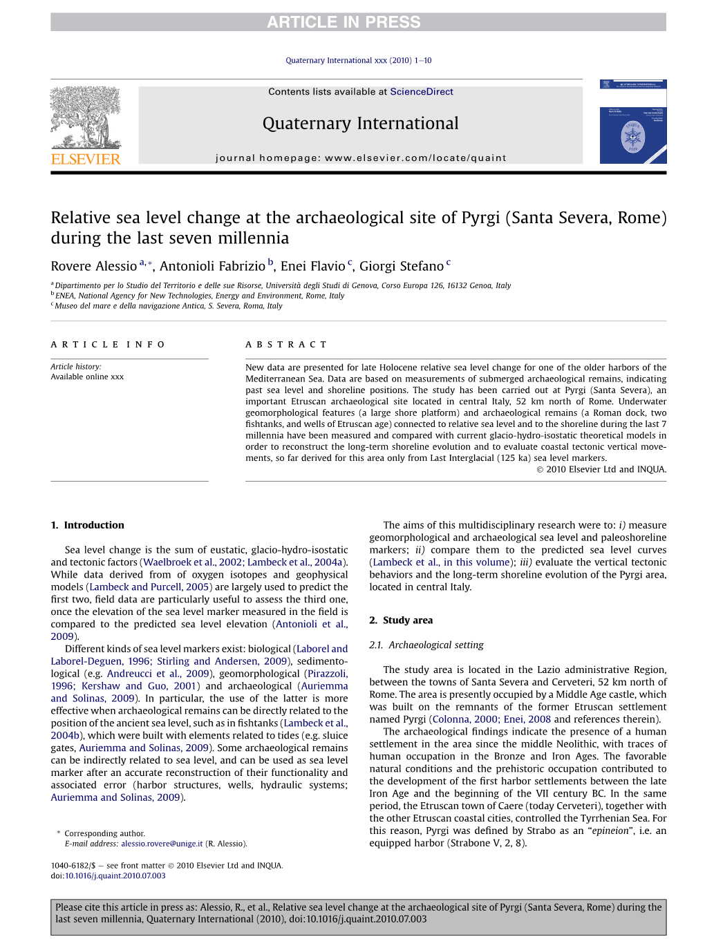 Relative Sea Level Change at the Archaeological Site of Pyrgi (Santa Severa, Rome) During the Last Seven Millennia