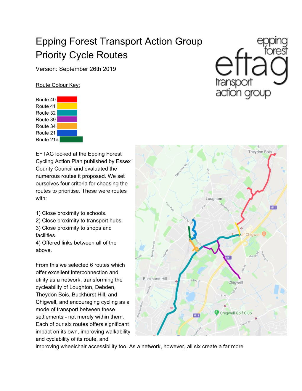 Epping Forest Transport Action Group Priority Cycle Routes Version: September 26Th 2019