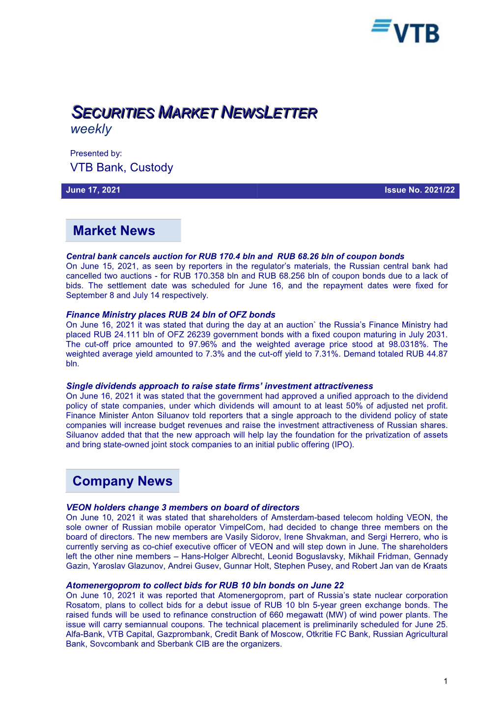 Market News Company News SECURITIES MARKET NEWS