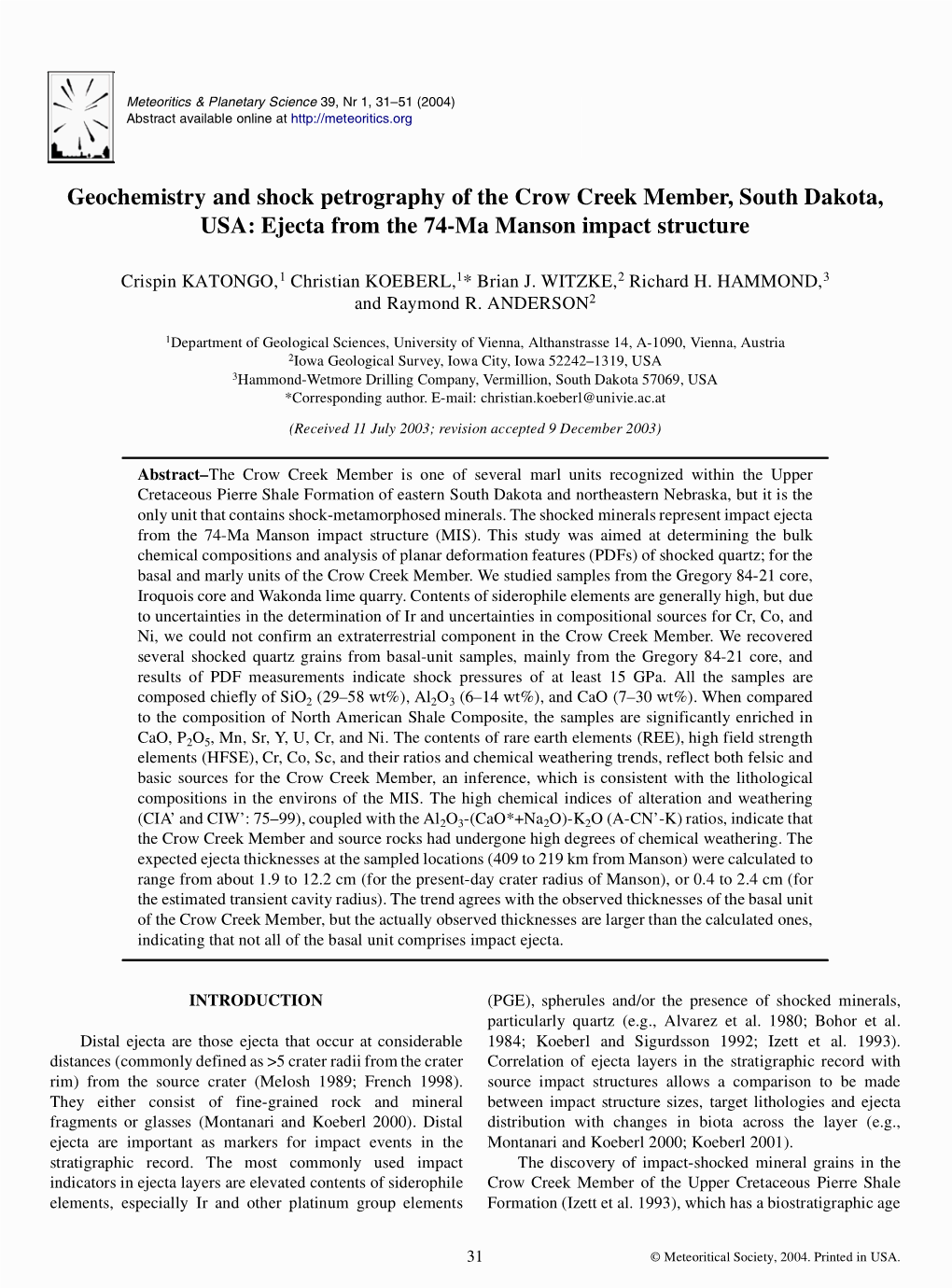 Geochemistry and Shock Petrography of the Crow Creek Member, South Dakota, USA: Ejecta from the 74-Ma Manson Impact Structure