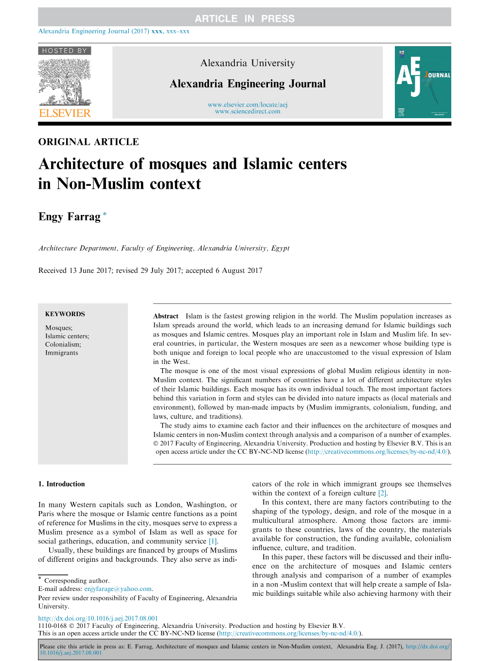 Architecture of Mosques and Islamic Centers in Non-Muslim Context