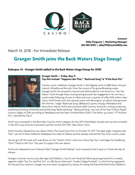Granger Smith Joins the Back Waters Stage Lineup!