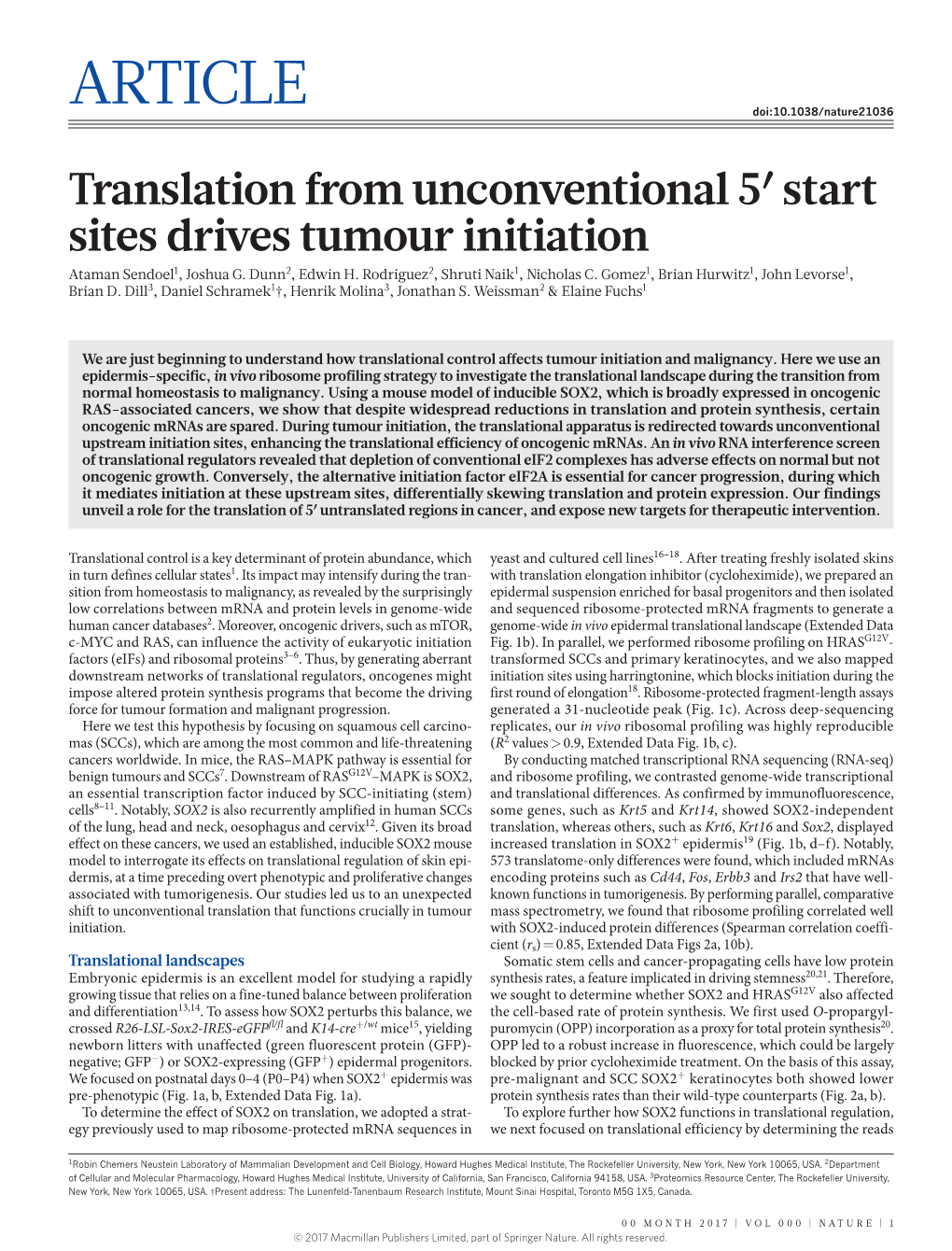 Translation from Unconventional 5′ Start Sites Drives Tumour Initiation Ataman Sendoel1, Joshua G