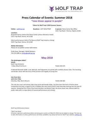 Press Calendar of Events: Summer 2018 *New Shows Appear in Purple*