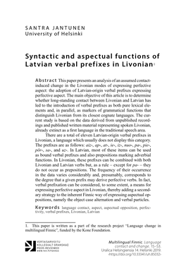Syntactic and Aspectual Functions of Latvian Verbal Prefixes in Livonian1